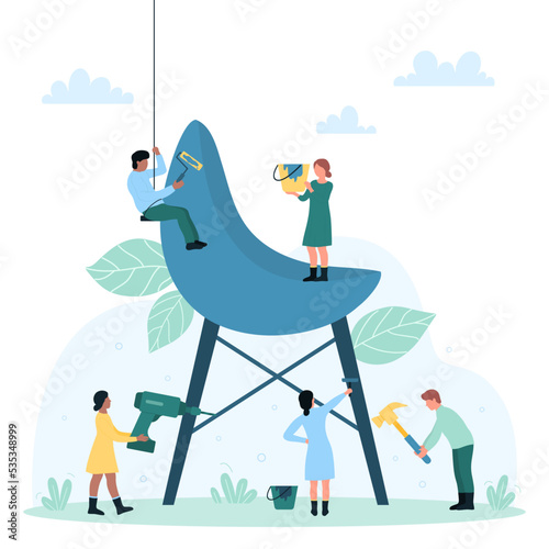 Production and assembly of modern home or office furniture vector illustration. Cartoon tiny workers assemble chair with drill and diy tools, making installation of creative armchair for interior