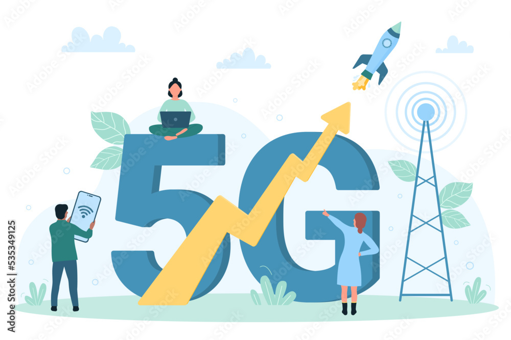 5G speed internet, network technology and communication vector illustration. Cartoon tiny people using mobile devices and laptop for wireless broadband connection to city antenna near 5G word