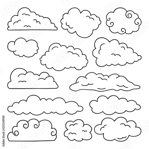 Hand drawn set of Clouds doodle icons. Sky in sketch style. Vector illustration isolated on white background