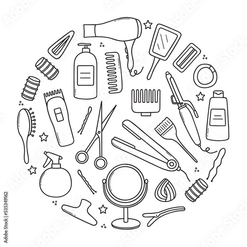 Hand drawn set of Hair salon doodle. Hairdressing tools: comb, hair dryer, shampoo, scissors in sketch style. Vector illustration isolated on white background.