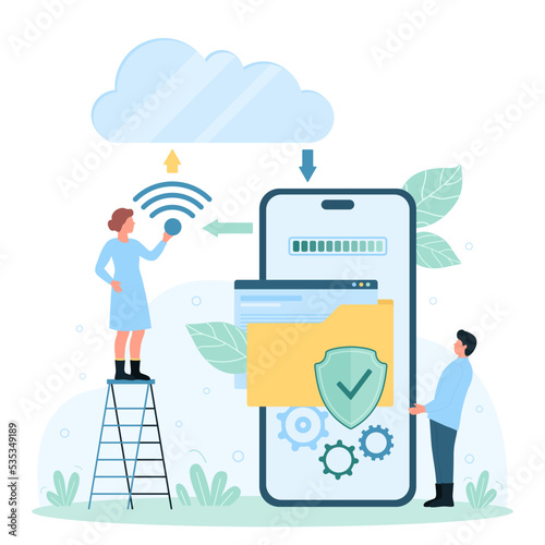 Cloud data storage service for mobile phones, networking infrastructure and communication vector illustration. Cartoon tiny people holding wireless sign, download files and documents in smartphone