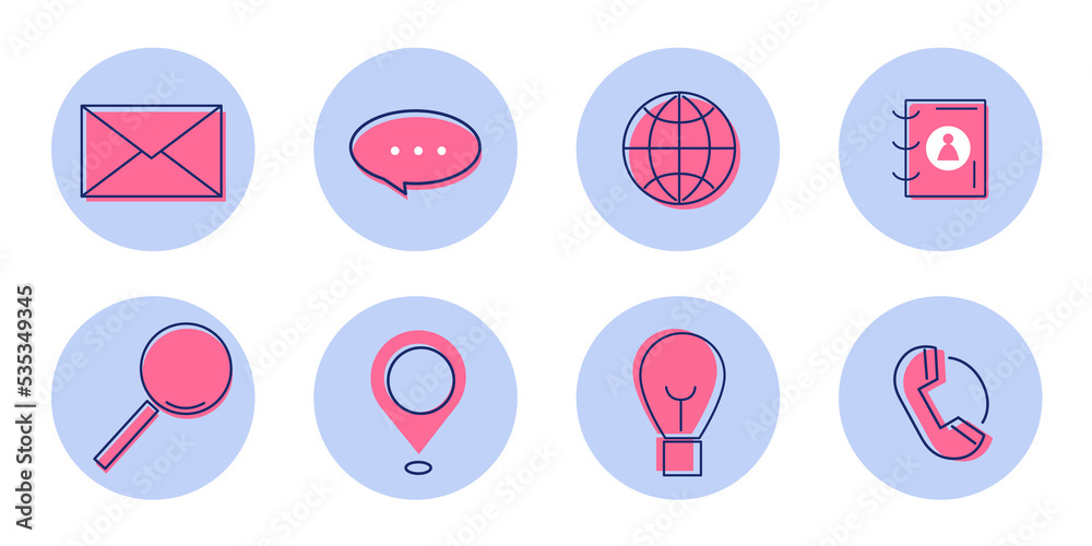 Web, website, contact, magnifying glass, Light Bulb, message, Bubble, icon. Globe and earth planet flat icon. Spherical rounded object. Vector flat illustration set