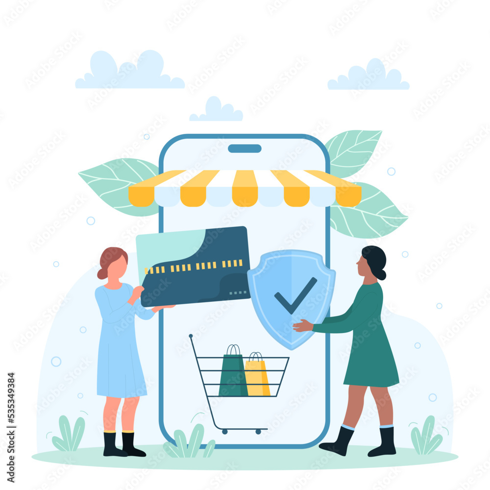Safe payment in online store vector illustration. Cartoon tiny people protect digital financial transaction, woman holding credit card to pay for purchases and safety shield near big smartphone Safe payment in online store vector illustration. Cartoon tiny people protect digital financial transaction, woman holding credit card to pay for purchases and safety shield near big smartphone