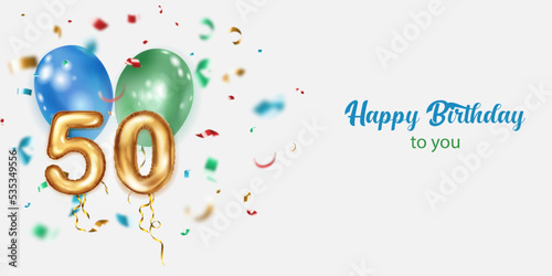 Festive birthday illustration with colored helium balloons, big number 50 golden foil balloon, flying shiny pieces of serpentine and inscription Happy Birthday on white background