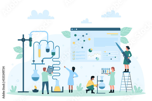 Chemical research in laboratory and technology for science development vector illustration. Cartoon tiny people work with test tubes and flasks on chemistry experiment, study of scientists team