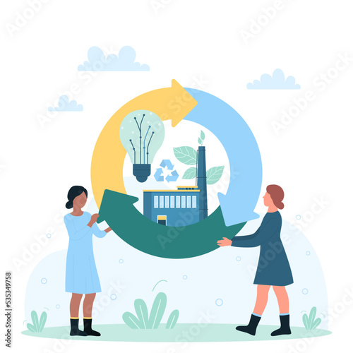 Circular economy and energy production vector illustration. Cartoon tiny people holding cycle sign with power factory, green plant and light bulb inside, manufacturing circulation process in industry