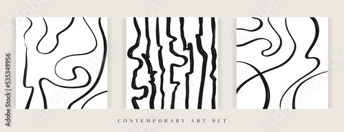 Modern abstract pattern art set. Contemporary trendy black and white print template. Minimalist vector set perfect for packaging design, web design, fabric, wallpaper or social media.