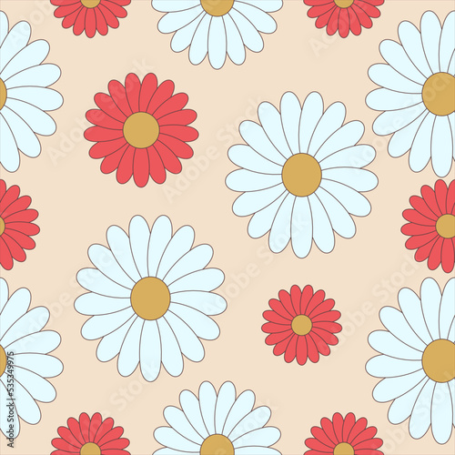 Floral pattern in the style of the 70s with groovy daisy flowers. Style of the 60s, 70s, 80s