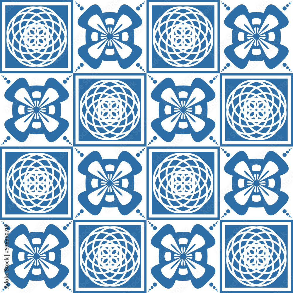 Blue Azulejo square pattern portuguese tiles for wall decor, traditional retro design vector Illustration