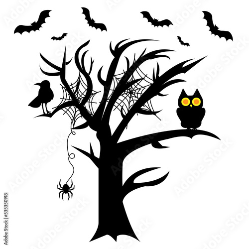 Vector illustration for Halloween. The main element of the silhouette is a scary tree with flying animals and cobwebs on the tree. Decorative composition.
You can change the background.