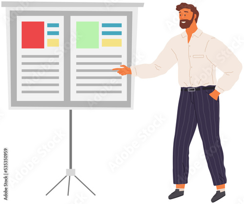 Businessman financier making financial report standing at board with charts. Financial income growth. Investment analysis money profits. Investor successful employee making investing plan presentation