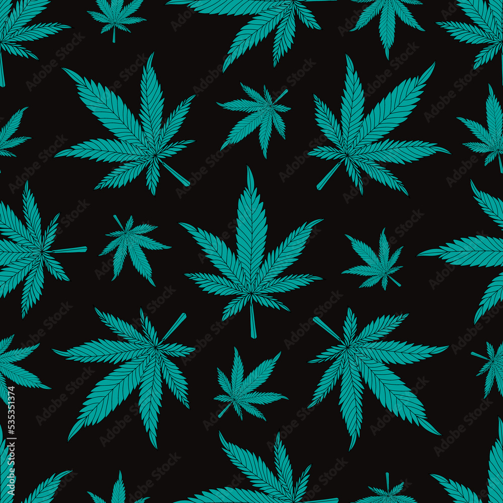 Cannabis seamless pattern. Green hemp leaves on a black background. Marijuana pattern illustration