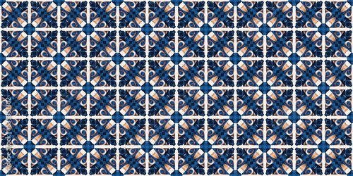 Blue white watercolor azulejo tile border background. Seamless coastal blur bleed geometrical floral mosaic effect banner. Ornamental arabesque summer fashion repeat edge trim.