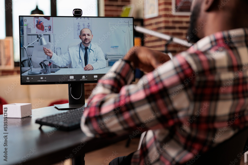 Patient talking to doctor on telehealth videocall, using telemedicine videoconference with webcam to meet with medic and talk about healthcare consultation. Online remote teleconference call.