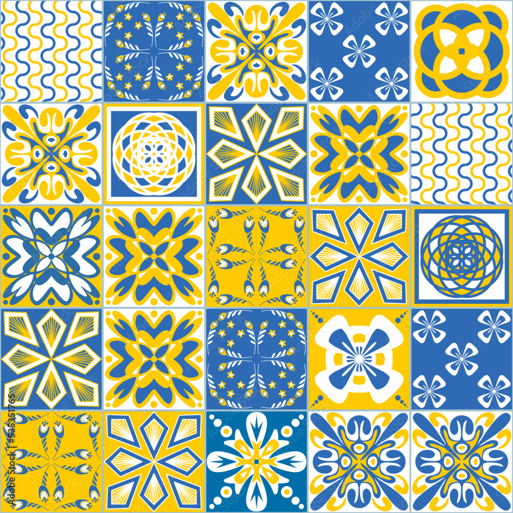 Yellow blue seamless pattern, spanish Azulejo tile mosaic, contrast bright vector illustration
