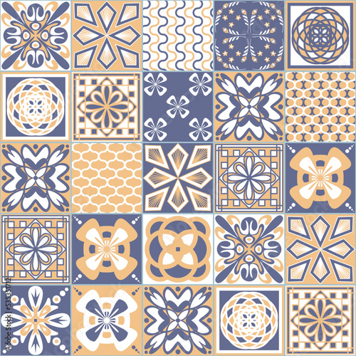 Purple beige pastel seamless pattern, portuguese talavera ornate decoration, vector illustration