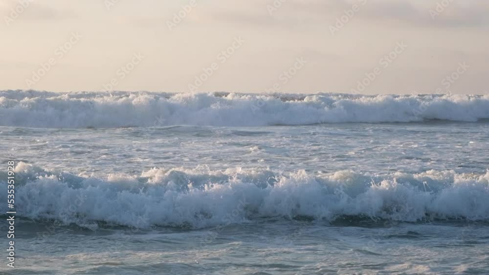 Close up view on high waves on the empty coast of the Atlantic Ocean. Slow motion Full HD video of empty beautiful evening ocean beach Close up view on high waves on the empty coast of the Atlantic Ocean. Slow motion Full HD video of empty beautiful evening ocean beach