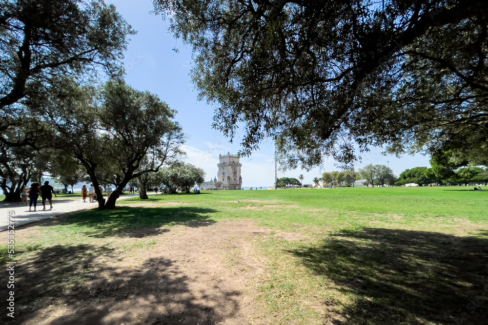 View of Belem tower from a park in Lisbon