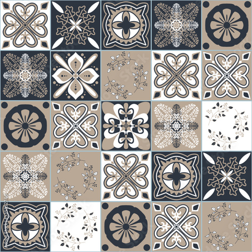 Black beige white seamless pattern for ceramic tiles in Moroccan Arabic style, vector illustration