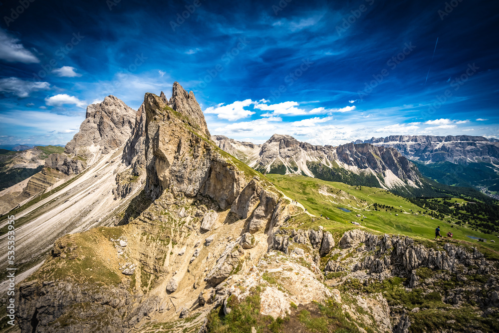 Fototapeta premium View from amazing view point at Seceda in the dolomites in the afternoon. Seceda, Saint Ulrich, Dolomites, Belluno, Italy, Europe.
