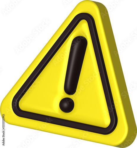 Illustrated isolated yellow attention sign in triangle shape in 3D.