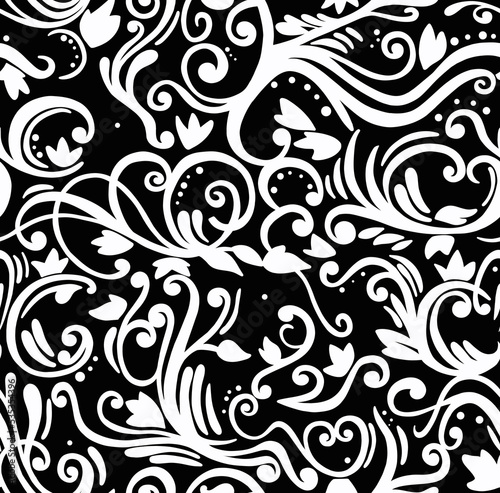 Black and white floral pattern on black background  abstract design  seamless background