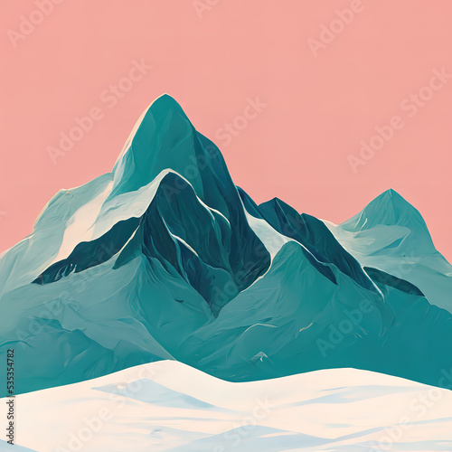 Blue mountains under pink skies. High mountains stylized illustration. Digital illustration. photo