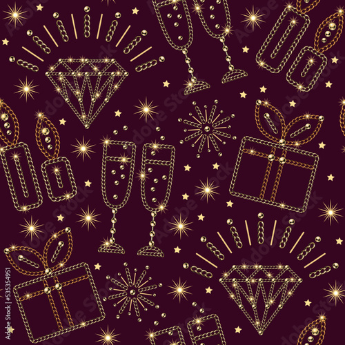 Seamless pattern with gift box  diamond  champagne glasses  candle made of jewelry gold chains  shiny beads Small stars  sparkle on red background For christmas  holiday important events decoration