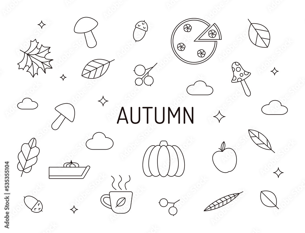 Autumn line icons set. Collection of fall related objects, plants, berries, mushrooms, pumpkin pie, a mug with a hot drink. Seasonal vector symbols. Autumn line icons set. Collection of fall related objects, plants, berries, mushrooms, pumpkin pie, a mug with a hot drink. Seasonal vector symbols.