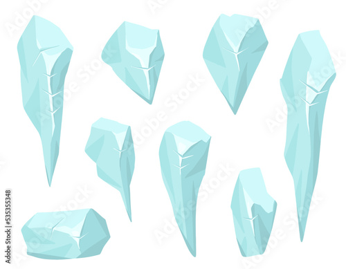 Vector Set of ice crystals. Blue magic stones in 2d style for winter design and games.