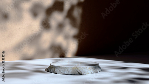 3D image of Concrete podium with gobo shadows with beige plaster on background and dark shadow