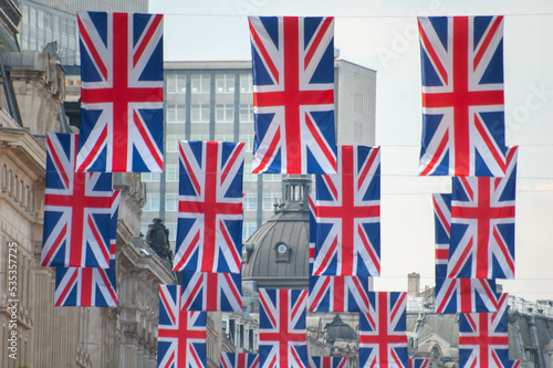 Union flags on Regent Street celebrating the Queen's Platninum Jubilee
