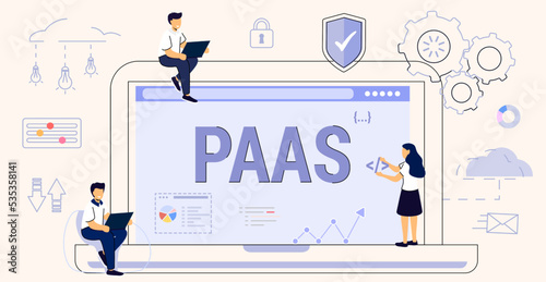 PAAS or platform as service model for software hosting Code line of programming internet application Flexible cloud computing model Optimization of business process for startups Vector illustration