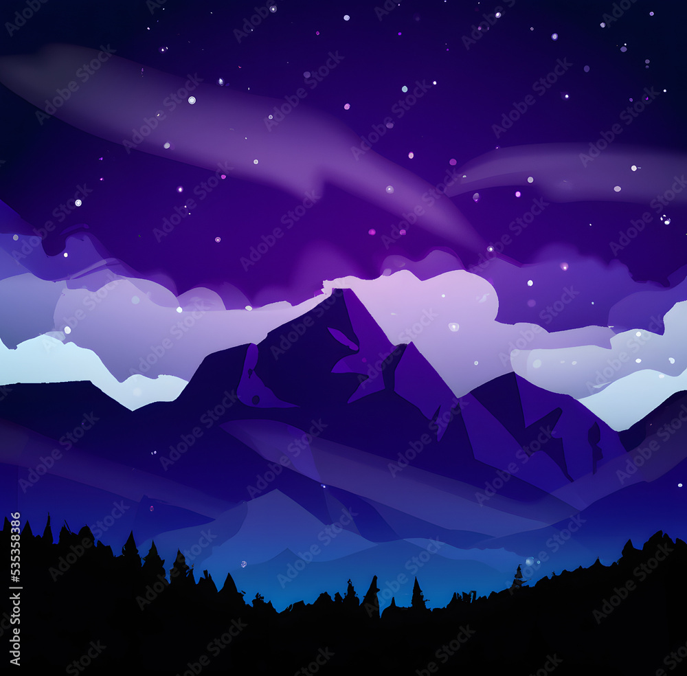 Mountains in surreal evening illustration with clouds on the horrizon and stars sparkling in the night sky