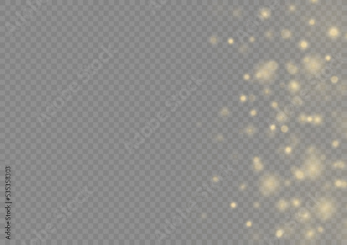 Blur yellow sparks and glitter special light effect. Fine, shiny bokeh dust particles fall off slightly. Defocused golden sparkle, stars and blurry spots. Magical gold flickering lights. Vector.