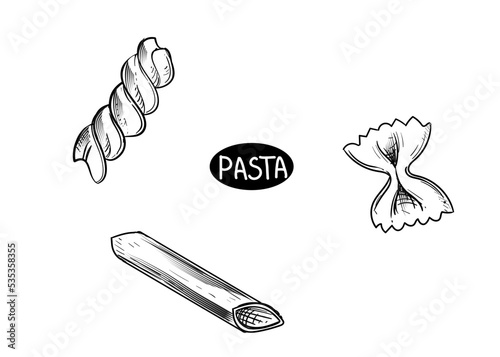 Hand drawn sketch black and white of pasta, spaghetti. Vector illustration. Elements in graphic style label, sticker, menu, package. Engraved style illustration.