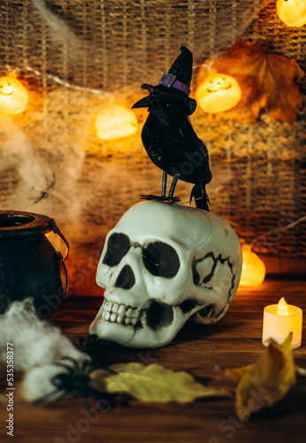 Halloween still-life background with a lot of different elements photo