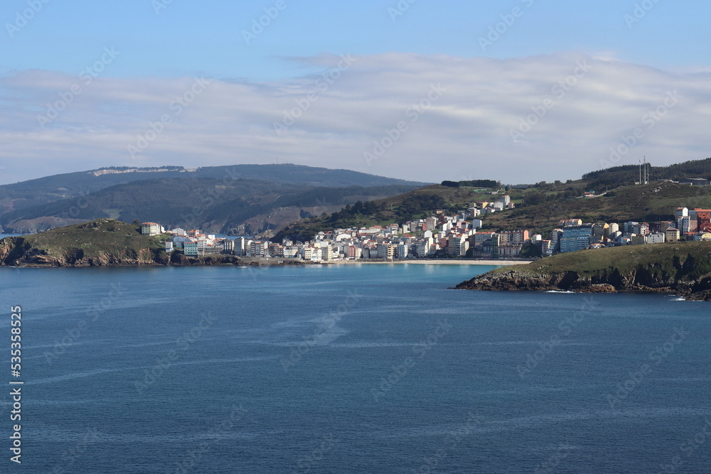 Panoramic view of the fishing village of Malpica de Bergantiños, on the Costa da Morte, La Coruña, Galicia, Spain.