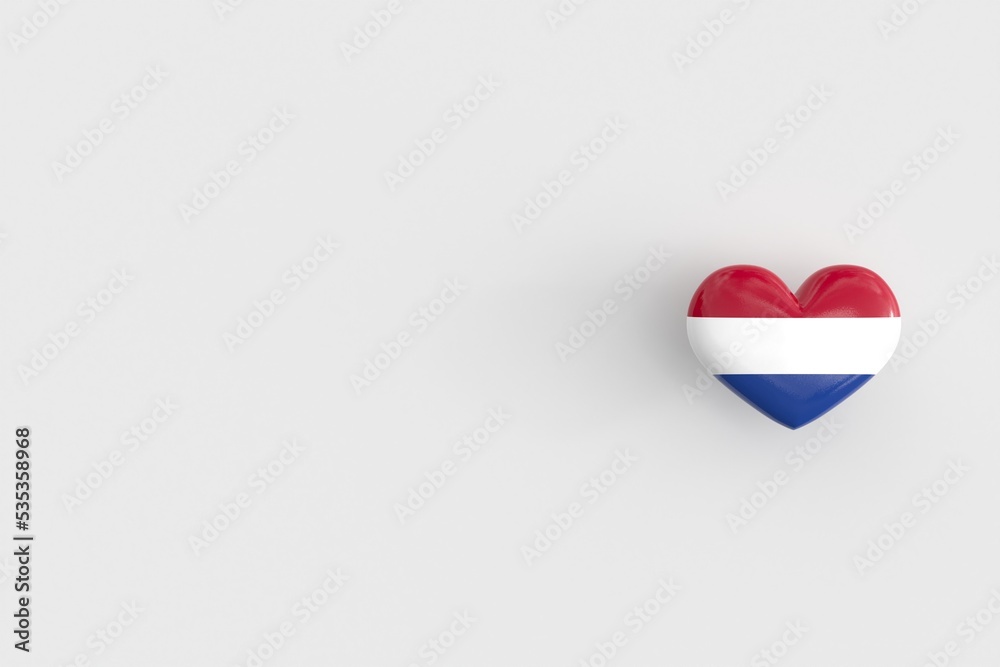 Love for the Netherlands - heart shaped glossy icon with the national flag of the Netherlands. Souvenir from the Netherlands as a symbol of pride in their country. 3D rendering, copy space Love for the Netherlands - heart shaped glossy icon with the national flag of the Netherlands. Souvenir from the Netherlands as a symbol of pride in their country. 3D rendering, copy space