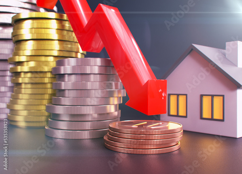 Low housing prices. Close up red down arrow, coins and house. Real estate crisis. Reduced mortgage rates. House price drop chart. 3D rendering, selective focus