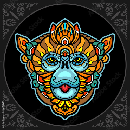 Colorful monkey head mandala arts isolated on black background