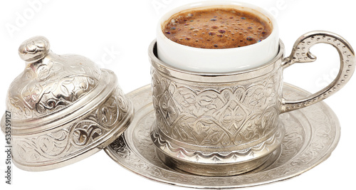 Turkish coffee in traditional silver cup on isolated white background png image photo