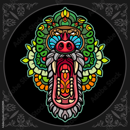 Colorful monkey head mandala arts isolated on black background