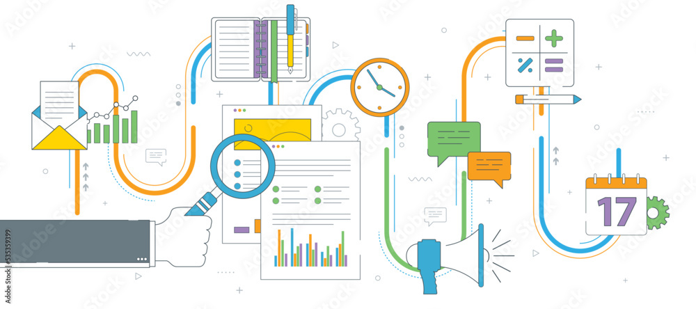 Hand with magnifying glass, analysis of documents with charts. Calculations of rate, investment and tax. Concept of financial investment, analytics with growth report. Thin line vector illustration.
