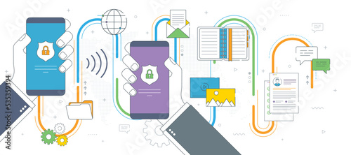 Hands holding smart phone with invasion protection and access to private data. Security and privacy of mobile phone. Secure internet access and data transfer. Thin line vector illustration.
