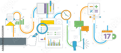 Hand with magnifying glass, analysis of documents with charts. Calculations of rate, investment and tax. Concept of financial investment, analytics with growth report. Thin line vector illustration.