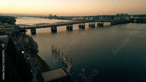 Drone footage of Oregon - Washington Interstate Bridge In Portland and Vancouver over the Columbia River water way