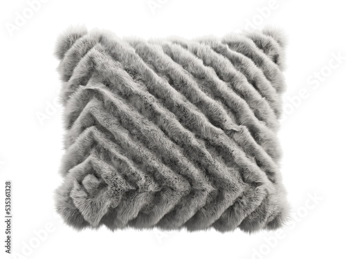 Gray fluffy square eco fur accent pillow. 3d render