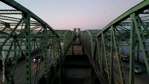 Drone footage of Oregon - Washington Interstate Bridge In Portland and Vancouver over the Columbia River water way photo