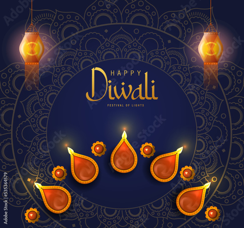 Happy Diwali Poster with Diya Lamp and Peacock Vector Illustration. Indian festival of lights Design. Suitable for Greeting Card, Banner, Flyer, Template. 